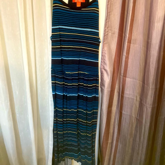 Ribbed Form Tank Top Dress. Soft Fabric, Black, Blue and Yellow Striped Dress. - Picture 1 of 2